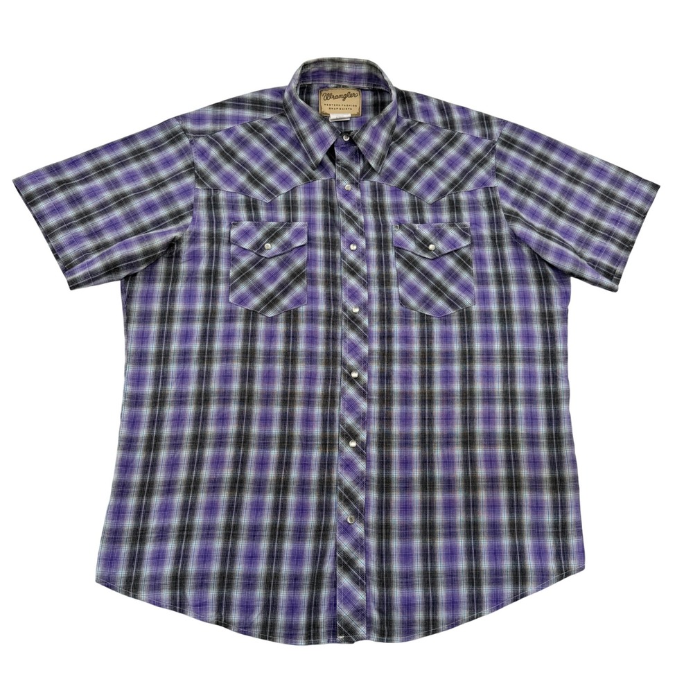 Wrangler Mens XL Purple Plaid Short Sleeve Western Pearl Snap Shirt WM197PL Y2K